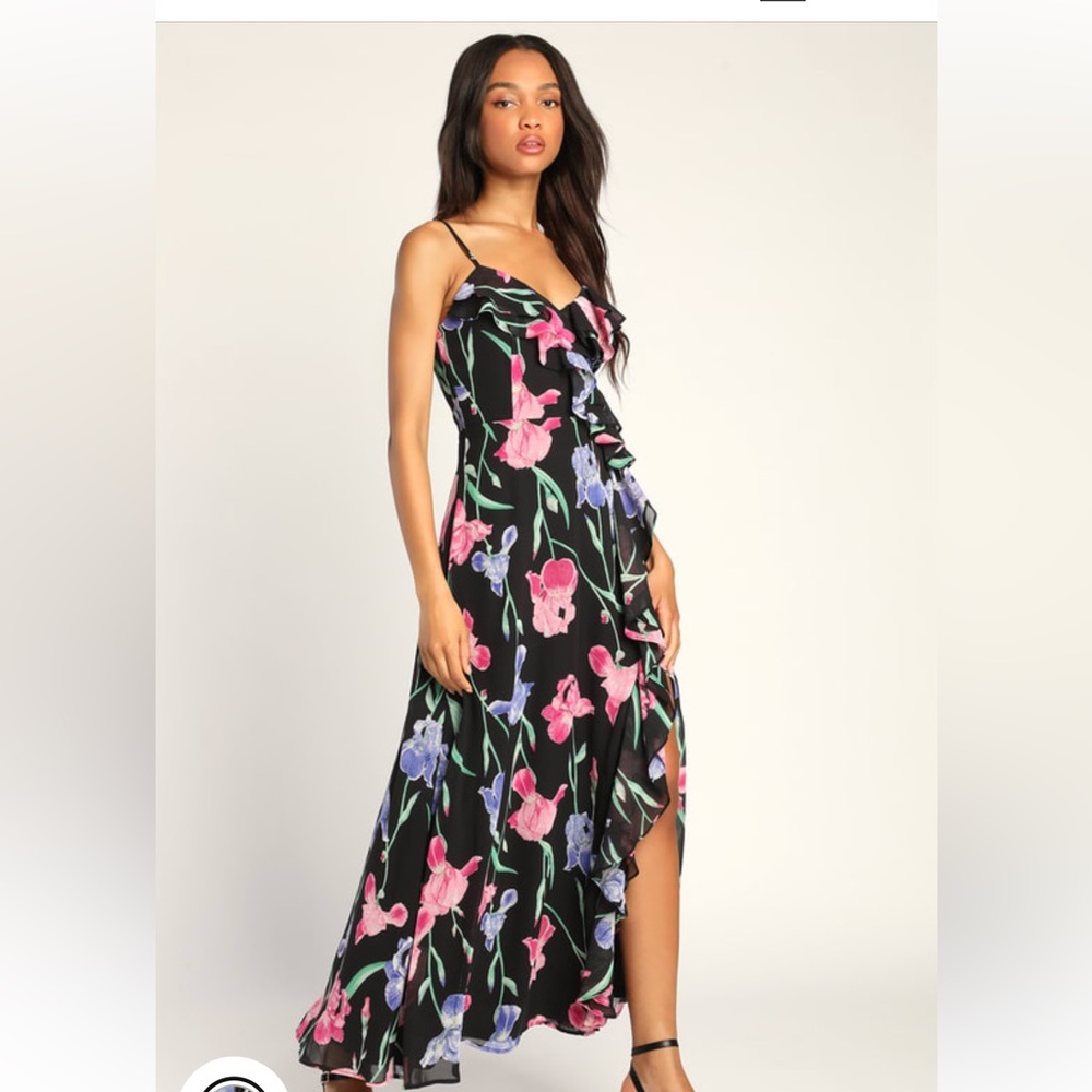 NWT Lulu’s Elegant Bliss Black Floral Print Ruffled Sleeveless Maxi Dress